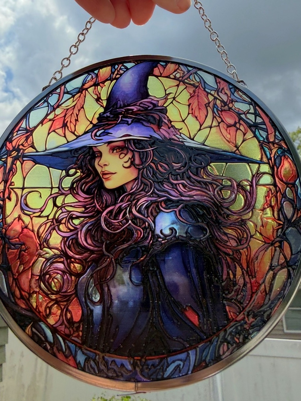 Witch Stained Glass SSuncatcher in Purple and Multicolor